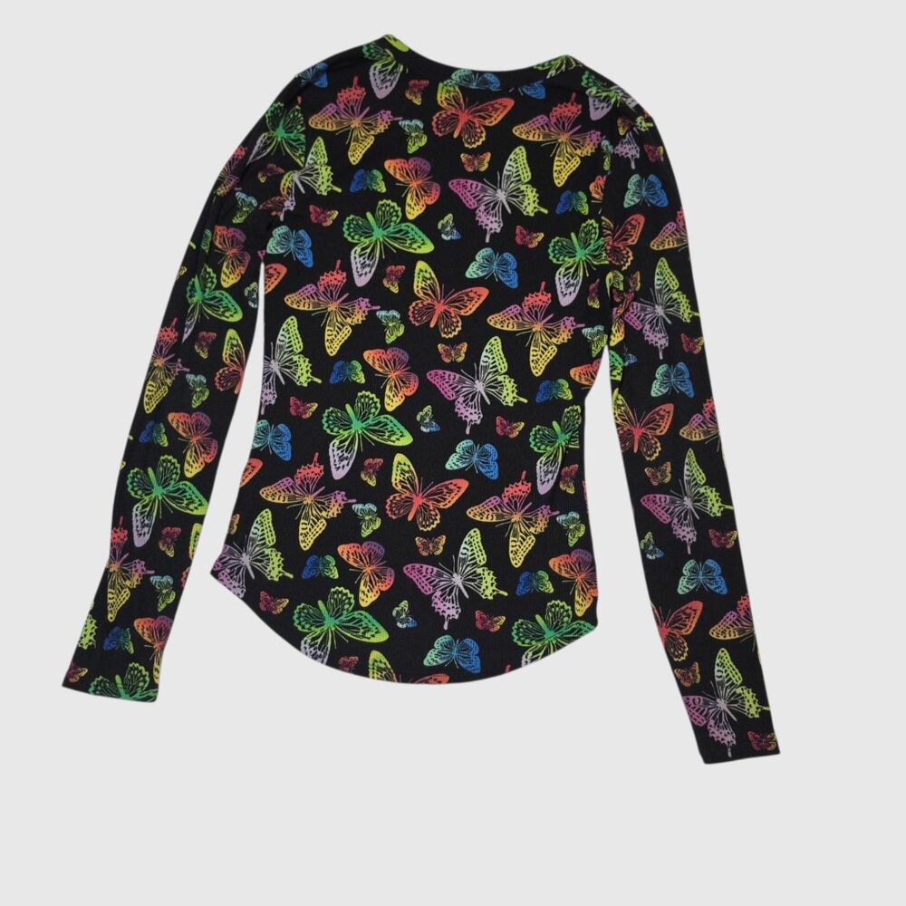 No Boundaries Long Sleeve Top Black Neon Butterfly Print Ribbed Knit XS